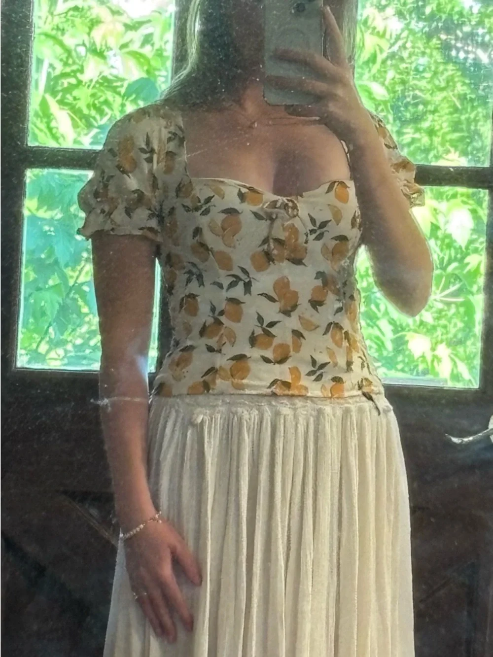 Reformation Cream Lemon Print Puff Sleeve Blouse